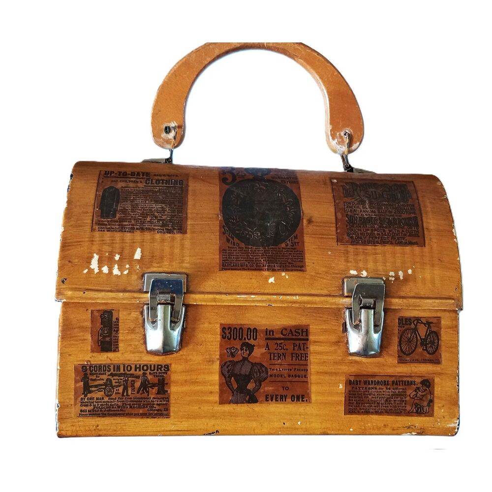 Decoupage metal lunchbox purse 1950s 1960s repurposed wooden handle